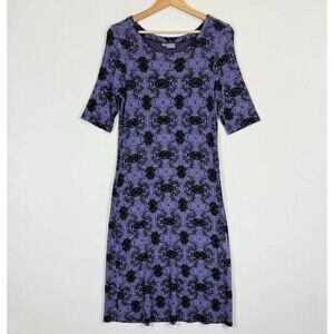 Tianello‎  Dress Women's Medium Purple Black Artsy Circle Short Sleeve Stretch